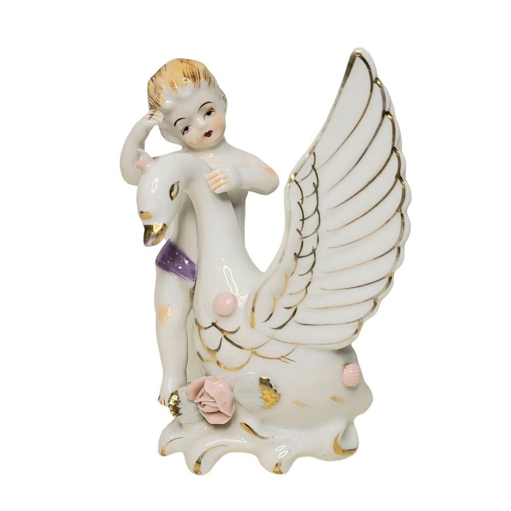 Ucagco Ceramics Japan Boy & SWAN VASE Figurine‎ Hand Painted Porcelain vintage